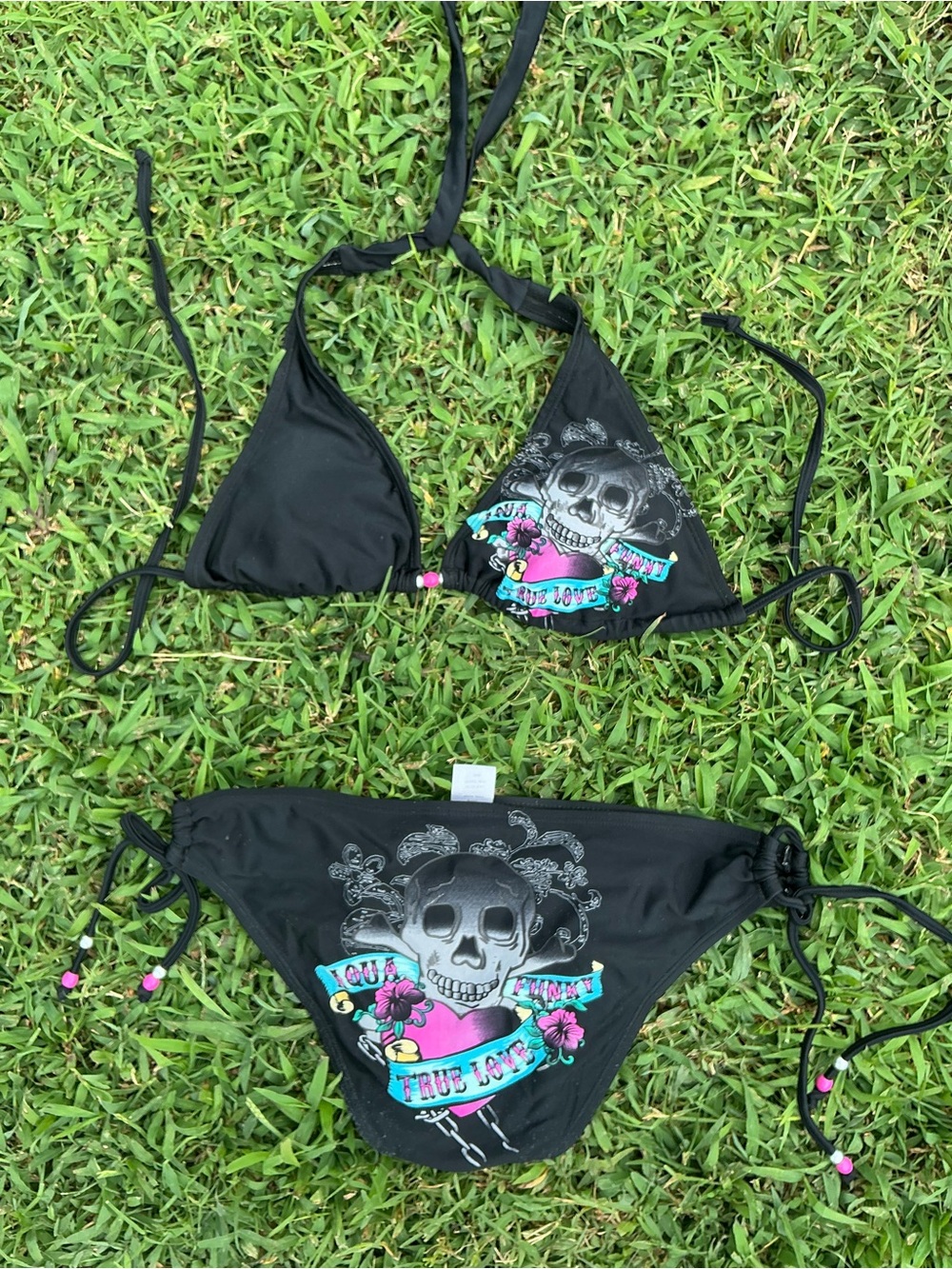 Vintage Skull Rock&Roll Black Bikini with Pink and Teal Skull Graphic